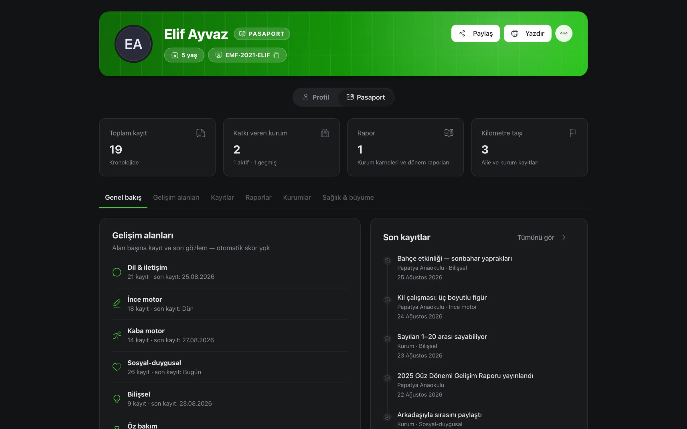 Gelişim pasaportu genel bakış ekranı